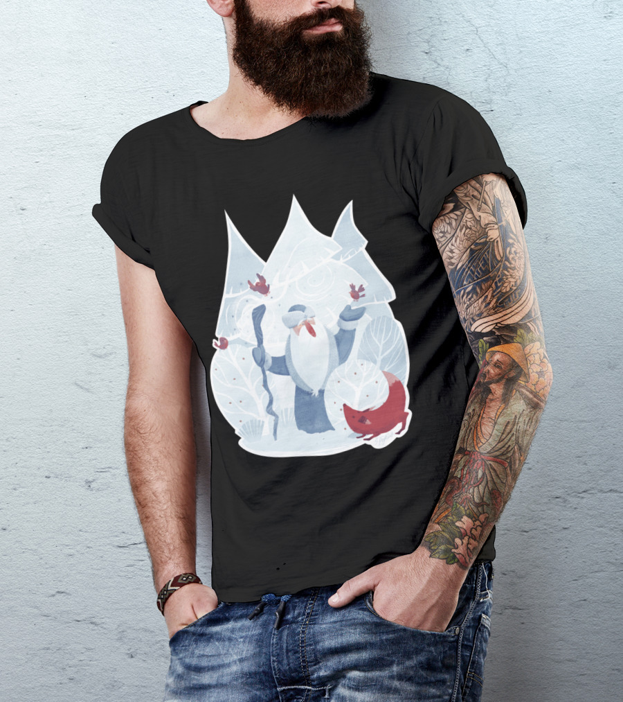 Father Frost Winter Scene With Fox And Birds T-Shirt