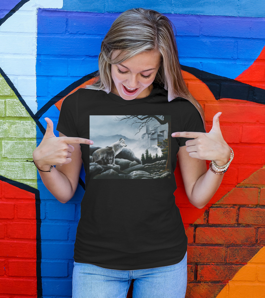Castle Guards Wolf Duo In Misty Fortress Landscape T-Shirt