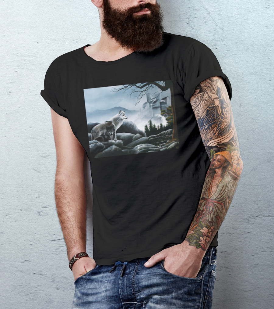 Castle Guards Wolf Duo In Misty Fortress Landscape T-Shirt