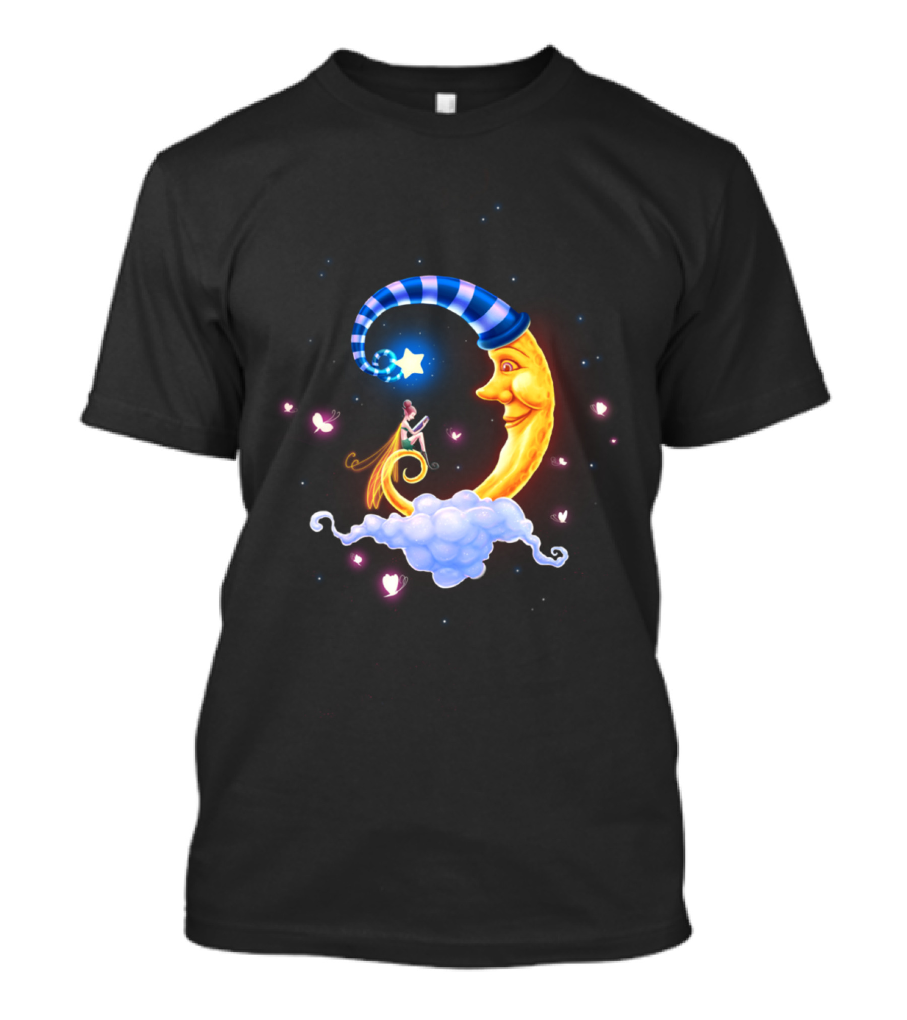 Whimsical Crescent Moon And Dreamy Storytime Scene With Fairy And Starry Night Motif T-Shirt