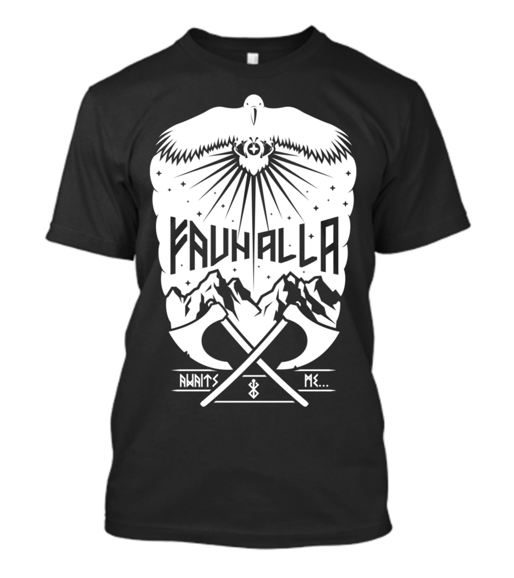 Fauhalla Awaits Me Nordic Eagle Mountains Crossed Axes T-Shirt