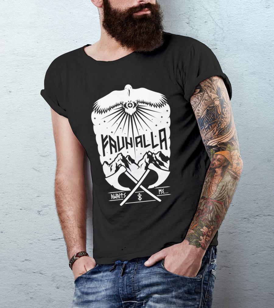 Fauhalla Awaits Me Nordic Eagle Mountains Crossed Axes T-Shirt