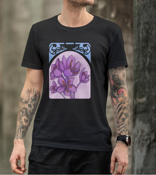 Art Nouveau Saffron Crocus Purple Flowers In Decorative Frame T-Shirt