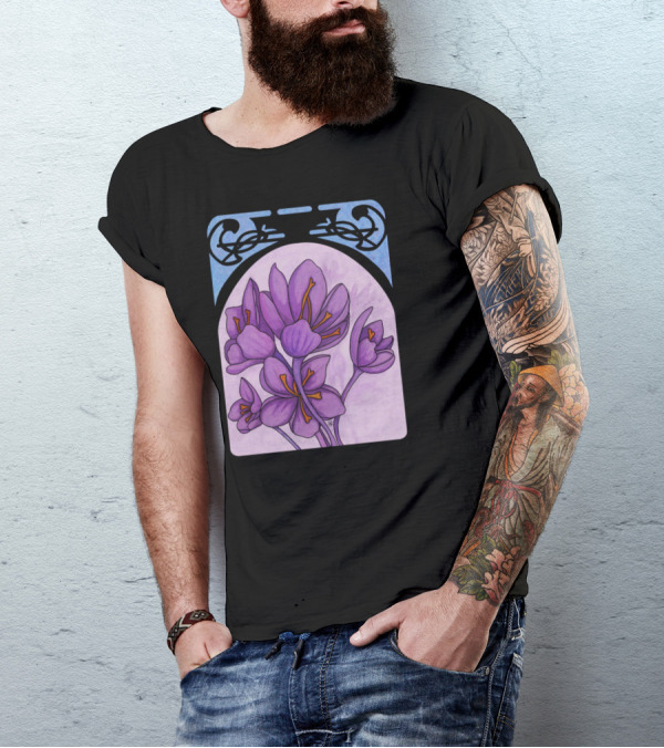 Art Nouveau Saffron Crocus Purple Flowers In Decorative Frame T-Shirt