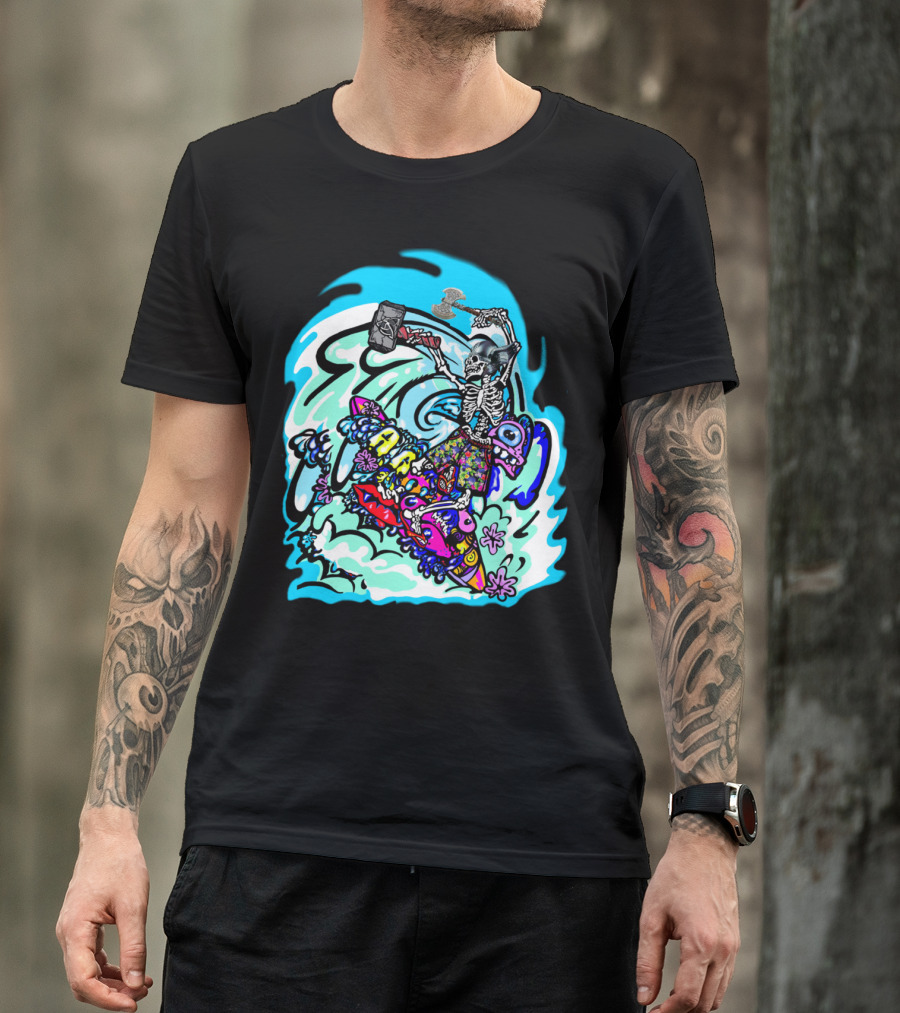 Zombie Skeleton Riding Surf Wave With Hammer On Colorful Shark Board T-Shirt