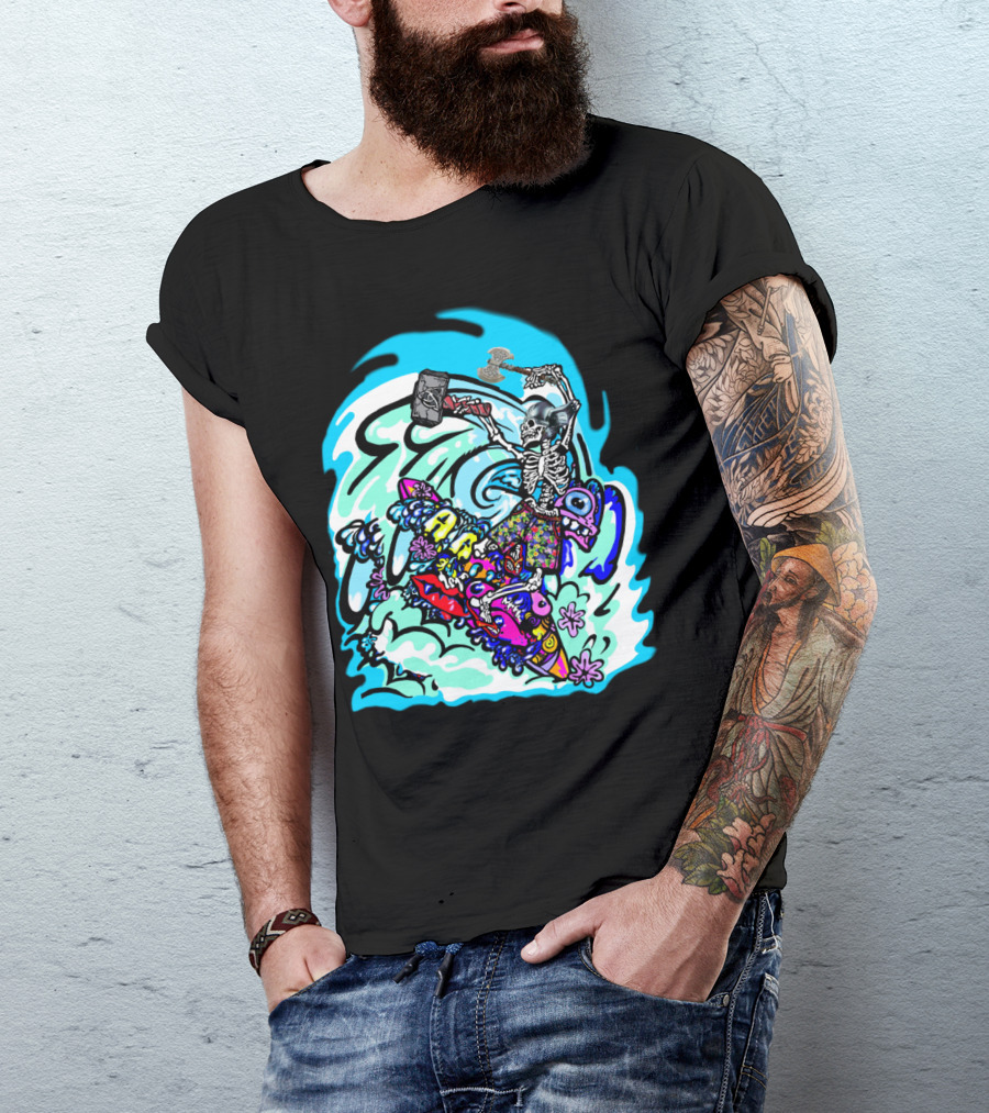 Zombie Skeleton Riding Surf Wave With Hammer On Colorful Shark Board T-Shirt