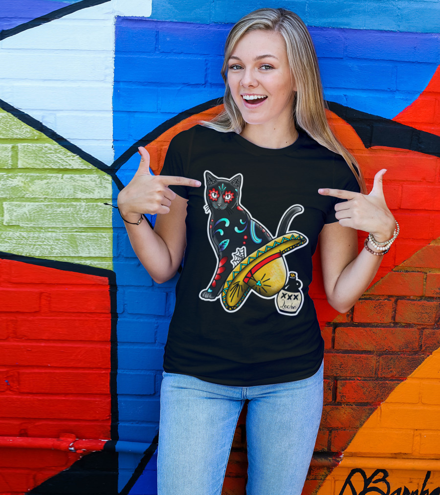 Gato En Un Sombrero Día De Los Muertos Cat Leche T-Shirt