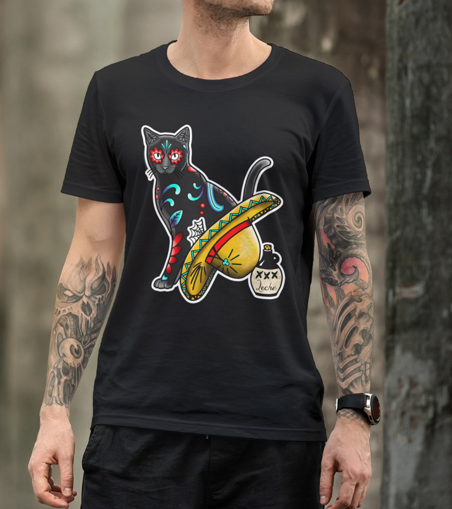 Gato En Un Sombrero Día De Los Muertos Cat Leche T-Shirt