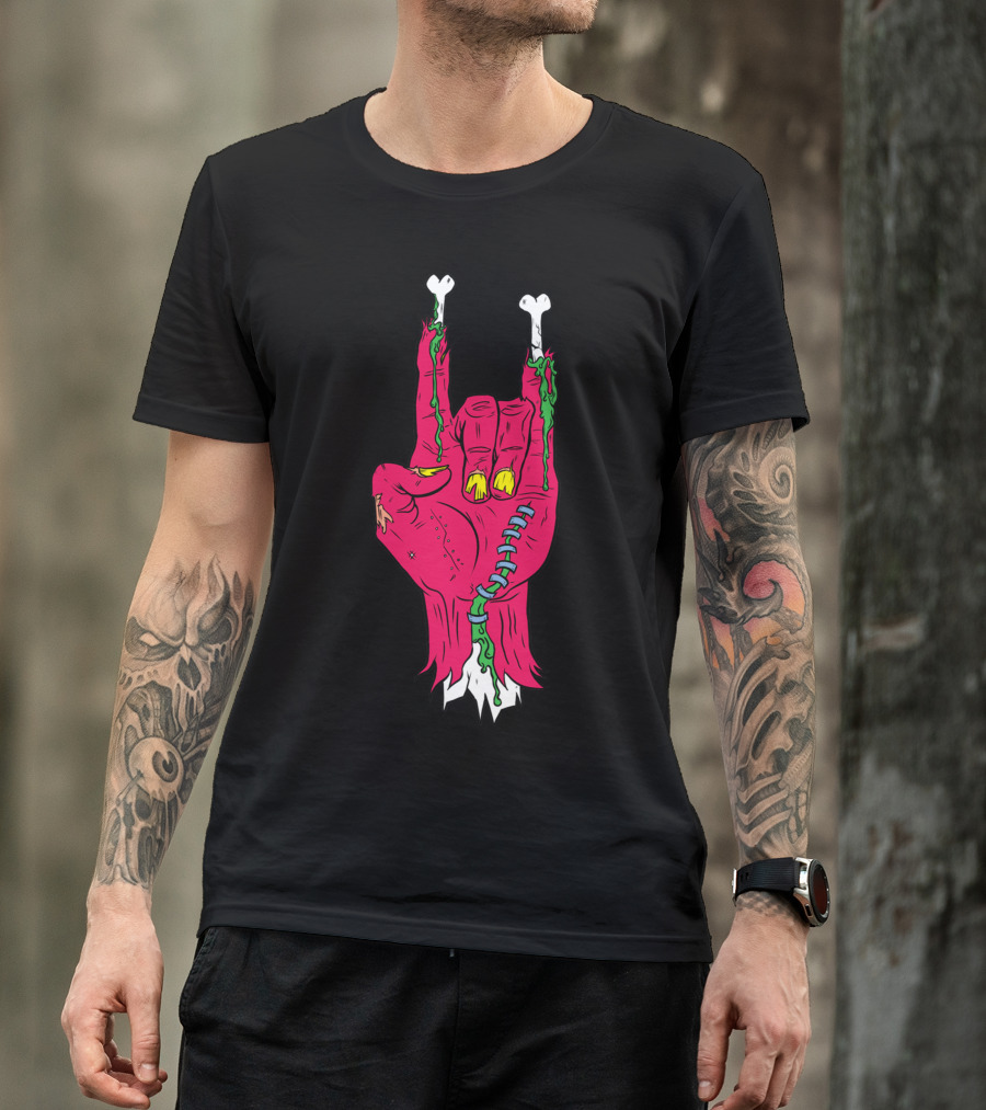 Zombie RAWK Undead Rock Hand Symbol With Bones And Stitches T-Shirt