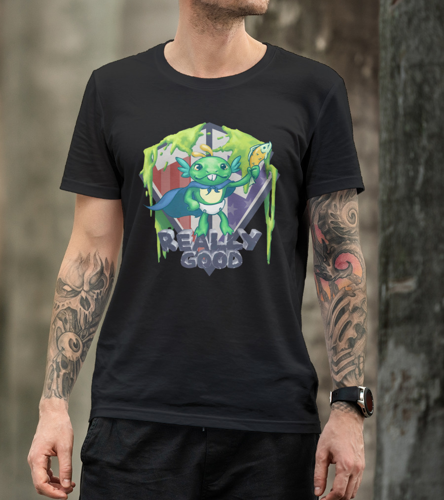 Zugrug Murky Really Good Alien Creature Holding Fish With Green Slime And Superhero Cape T-Shirt