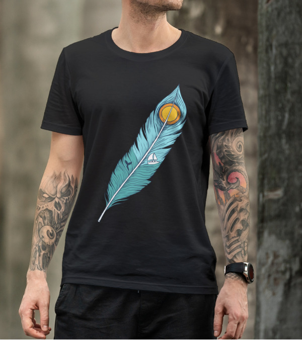Feather Landscape Sunset Sailboat Ocean Scene T-Shirt