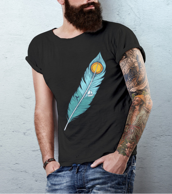 Feather Landscape Sunset Sailboat Ocean Scene T-Shirt