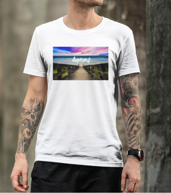 Dopesurf Beachview Vibrant Sunset Walkway Ocean Perspective T-Shirt