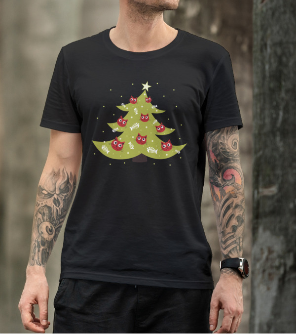 Cat Faces On Christmas Tree With Fish Bone Ornaments And Star Topper T-Shirt