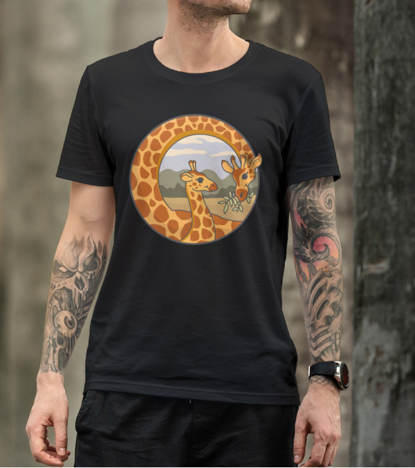Feed The Love Giraffe Family Circle Serengeti Scene T-Shirt