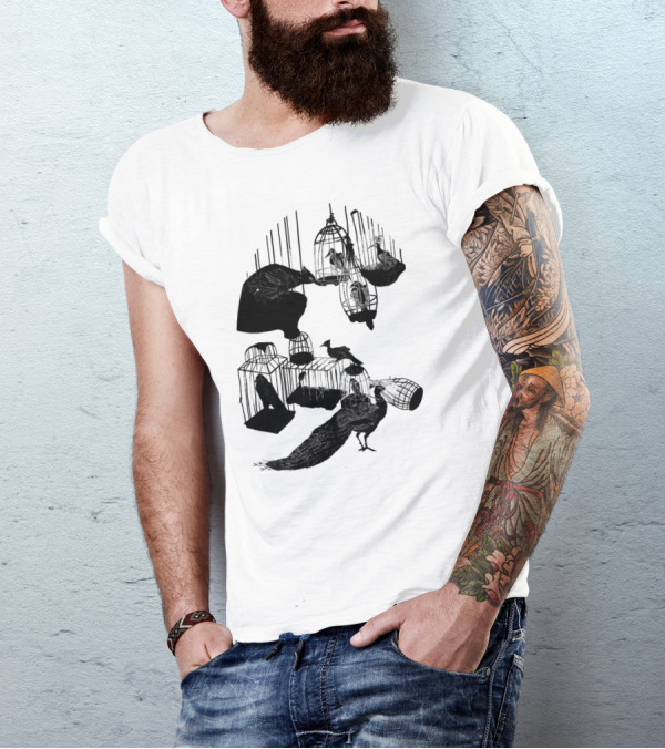 The Bird Room Caged Birds And Peacocks In Ornate Cages T-Shirt