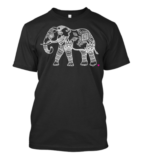 Artful Elephant Intricate Paisley Mandala Pattern With Pink Heart T-Shirt