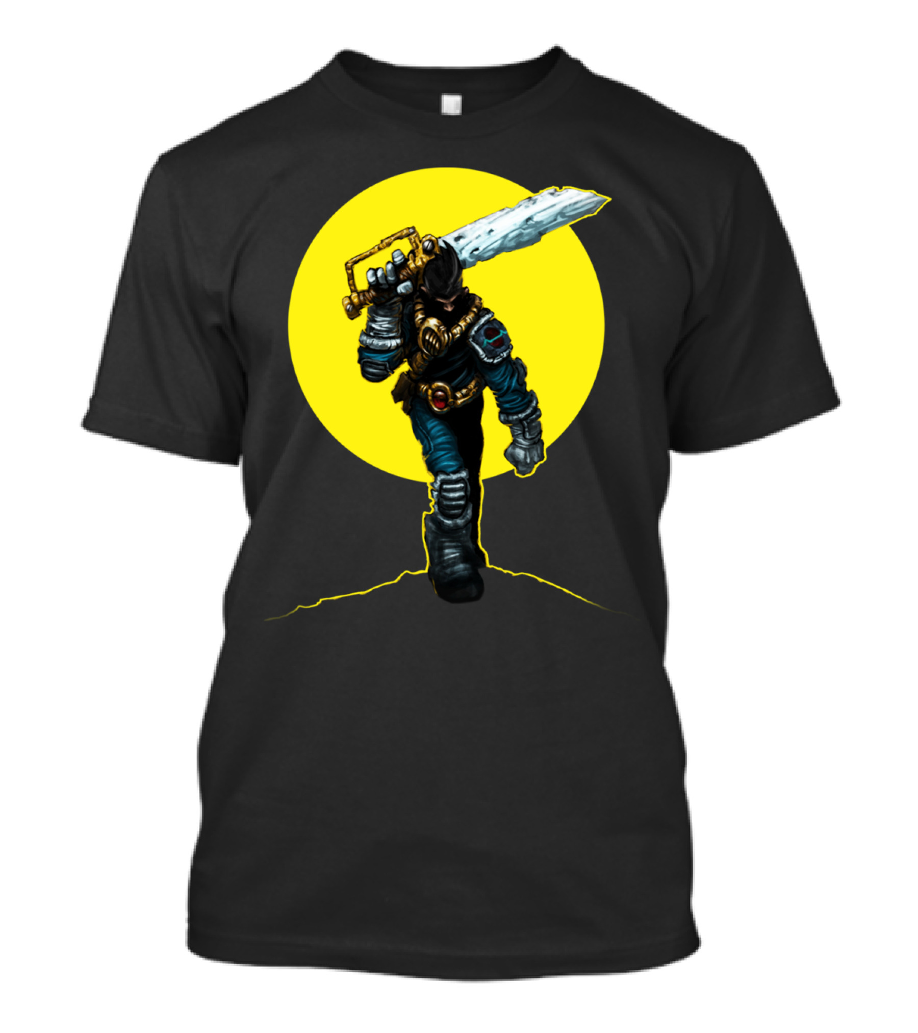 Heroic Sunrise Warrior With Radiant Sword In Yellow Circle T-Shirt
