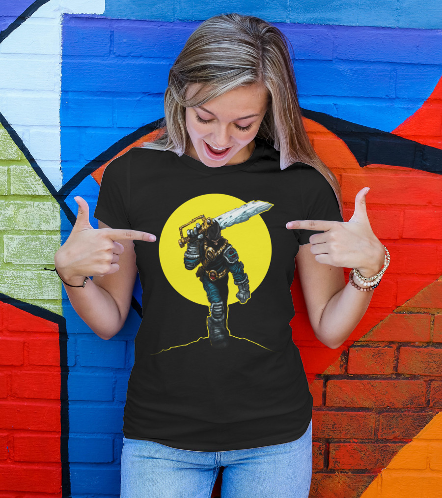 Heroic Sunrise Warrior With Radiant Sword In Yellow Circle T-Shirt