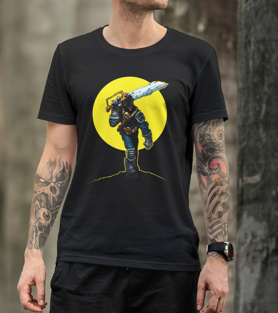 Heroic Sunrise Warrior With Radiant Sword In Yellow Circle T-Shirt