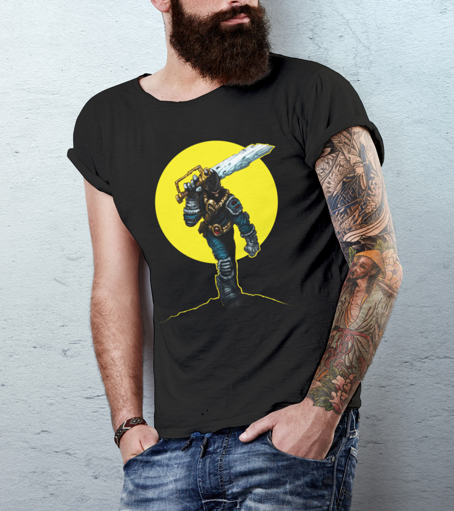 Heroic Sunrise Warrior With Radiant Sword In Yellow Circle T-Shirt