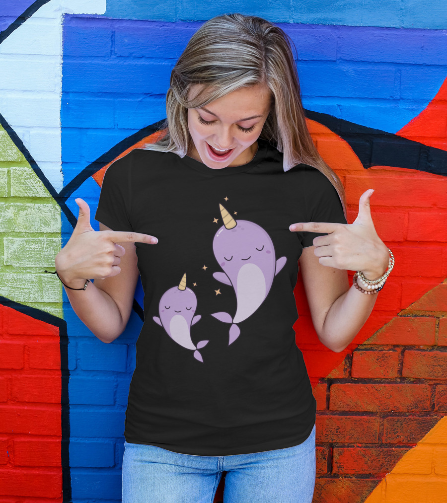 Kawaii Cute Narwhals Dreaming With Stars In The Ocean T-Shirt