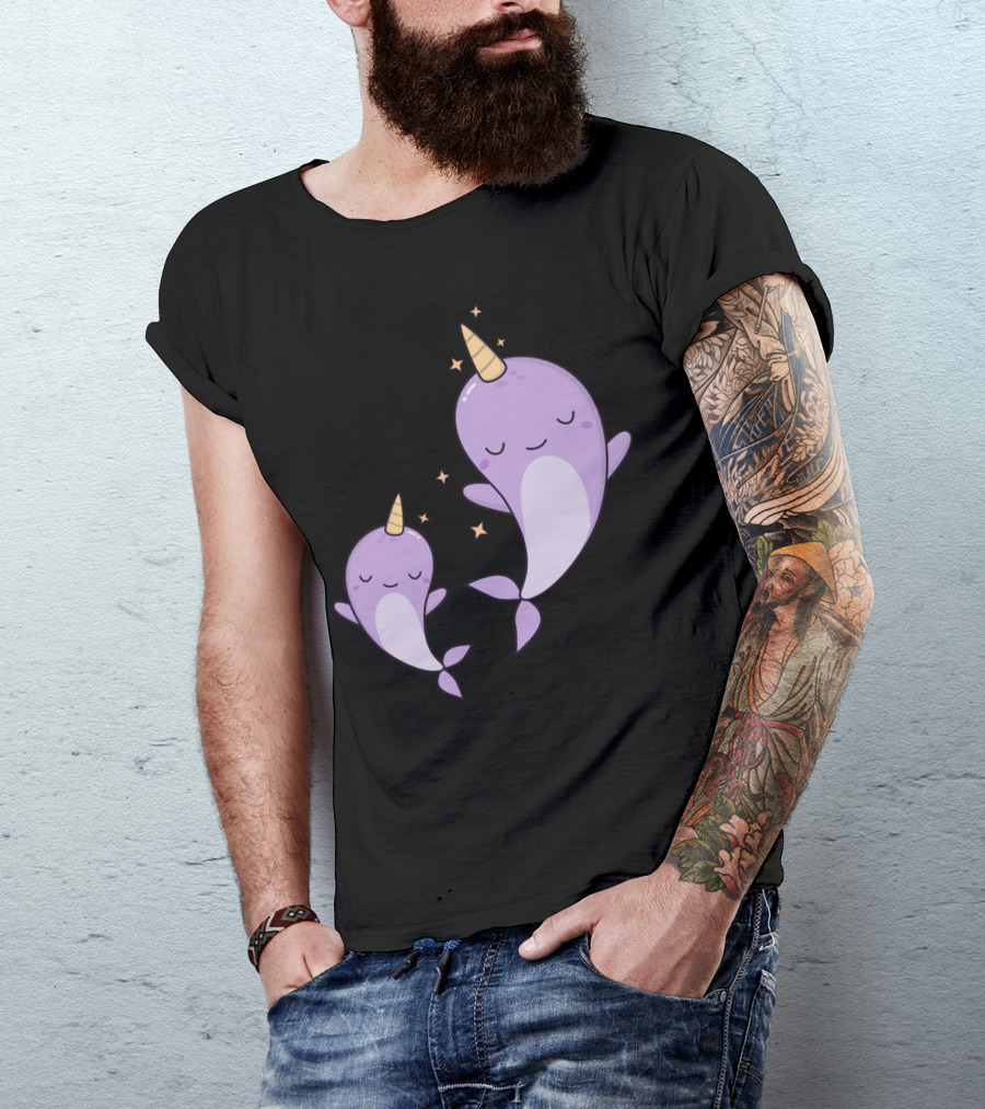 Kawaii Cute Narwhals Dreaming With Stars In The Ocean T-Shirt