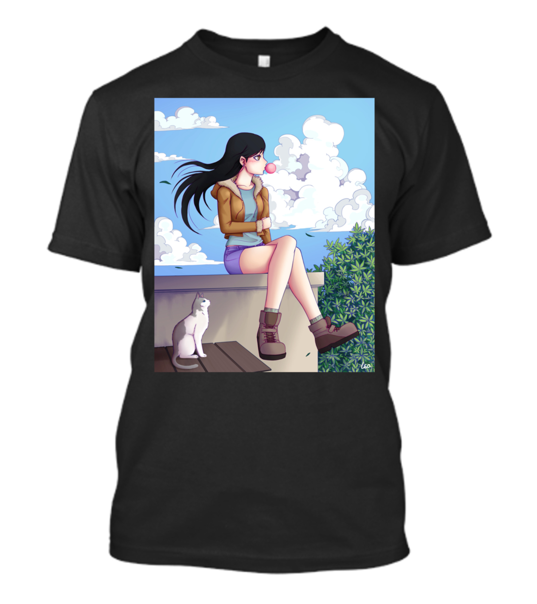 Maru Roug Anime Girl And Cat On Rooftop With Bubblegum And Blue Sky Clouds T-Shirt