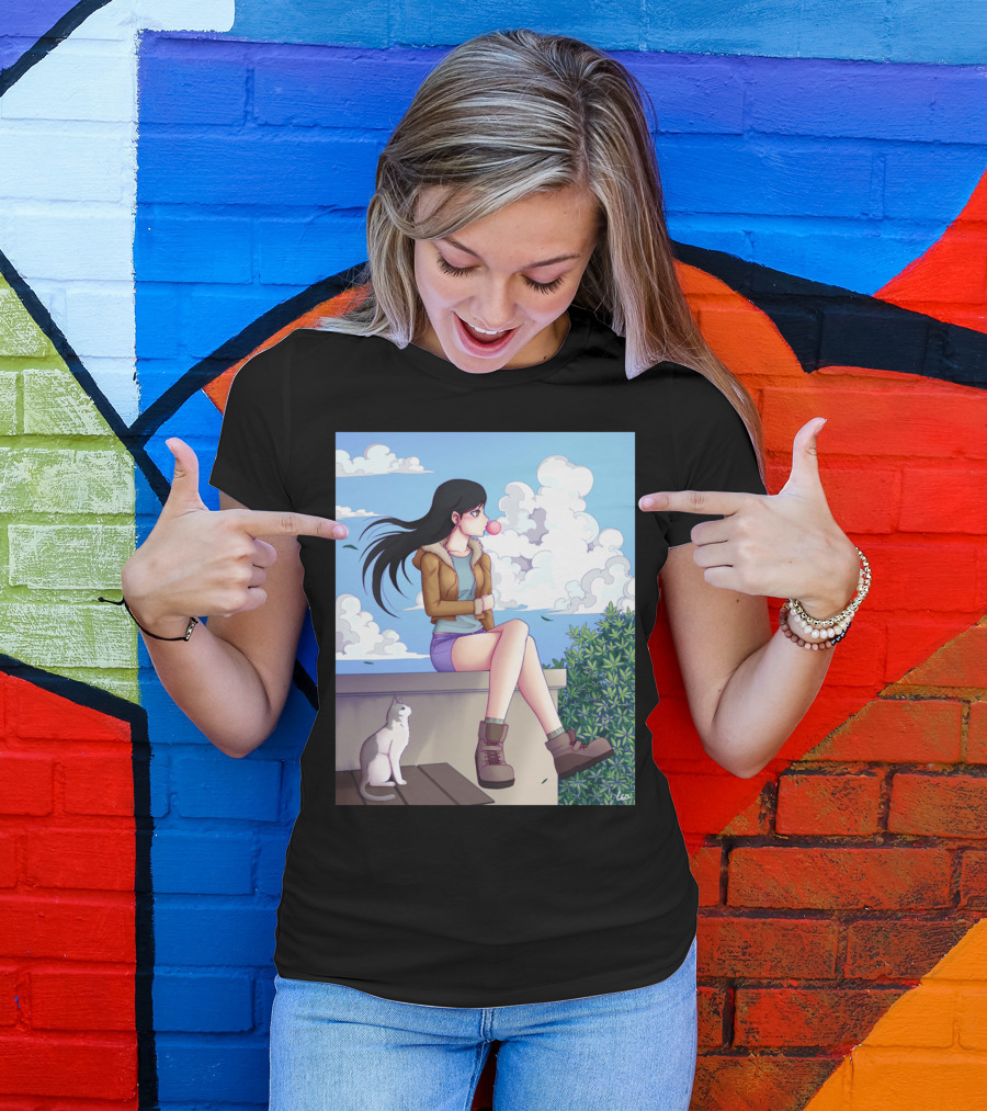 Maru Roug Anime Girl And Cat On Rooftop With Bubblegum And Blue Sky Clouds T-Shirt