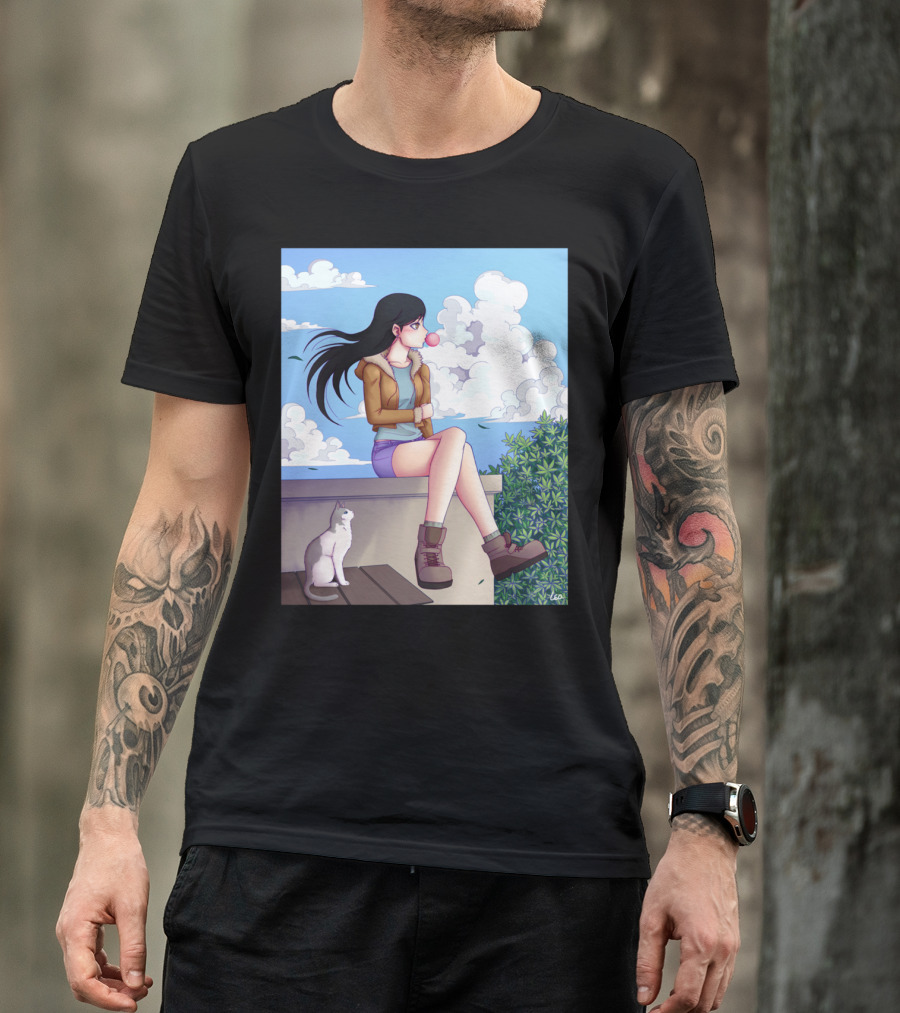 Maru Roug Anime Girl And Cat On Rooftop With Bubblegum And Blue Sky Clouds T-Shirt
