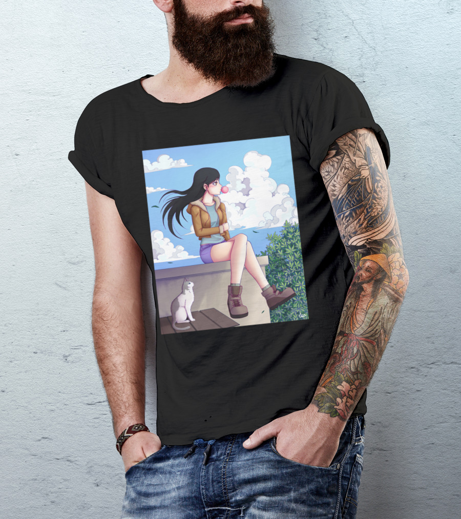 Maru Roug Anime Girl And Cat On Rooftop With Bubblegum And Blue Sky Clouds T-Shirt