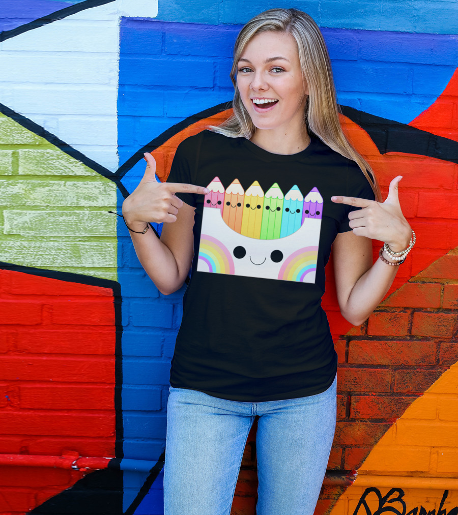 Kawaii Rainbow Pencil Box With Smiling Faces T-Shirt