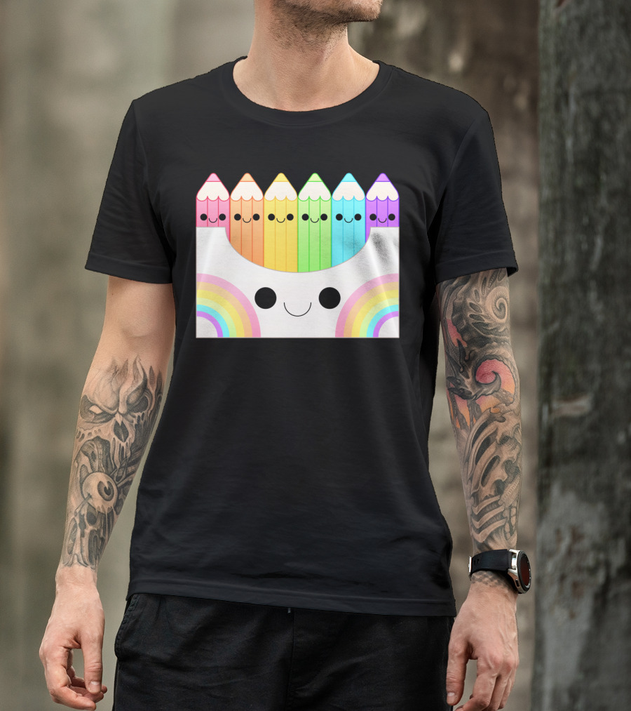 Kawaii Rainbow Pencil Box With Smiling Faces T-Shirt