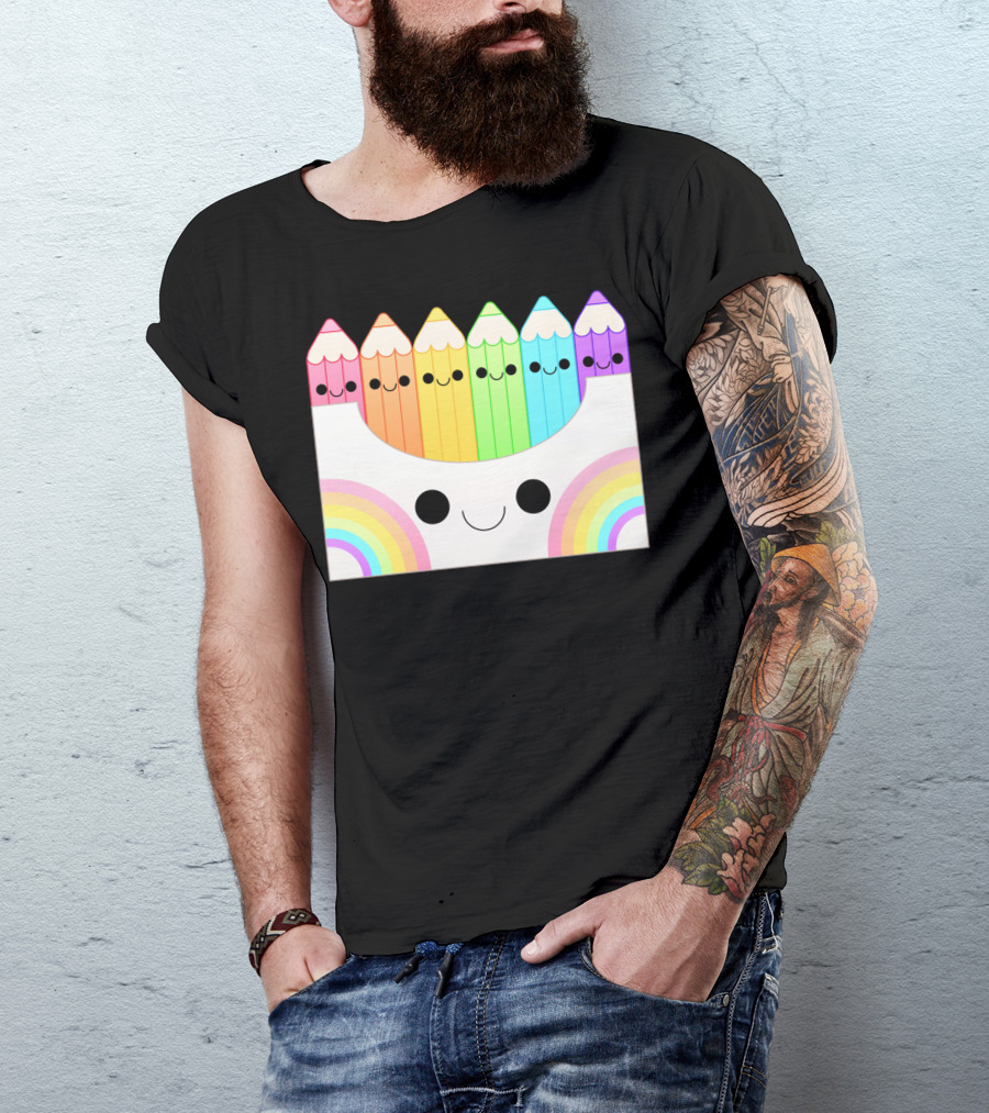 Kawaii Rainbow Pencil Box With Smiling Faces T-Shirt