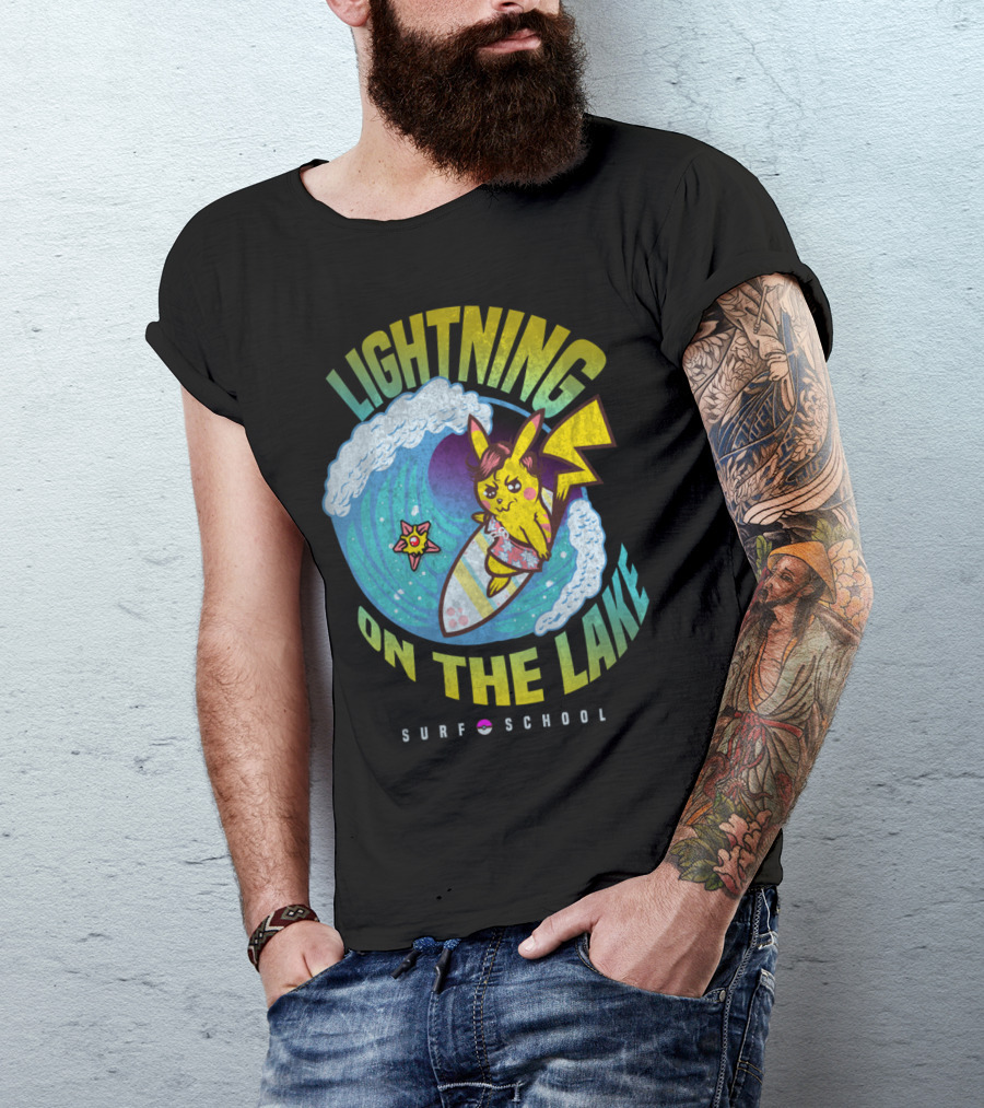 LIGHTNING ON THE LAKE SURF SCHOOL PIKACHU STARMIE WAVE T-Shirt