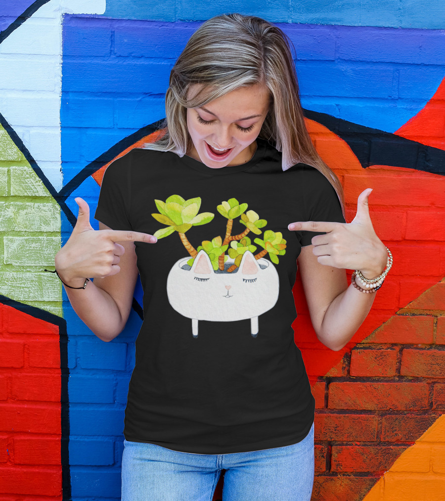 Kawaii Succulent Cat Planter With Green Leaves T-Shirt