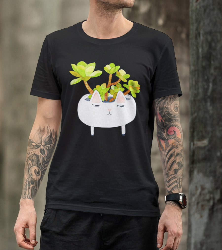Kawaii Succulent Cat Planter With Green Leaves T-Shirt