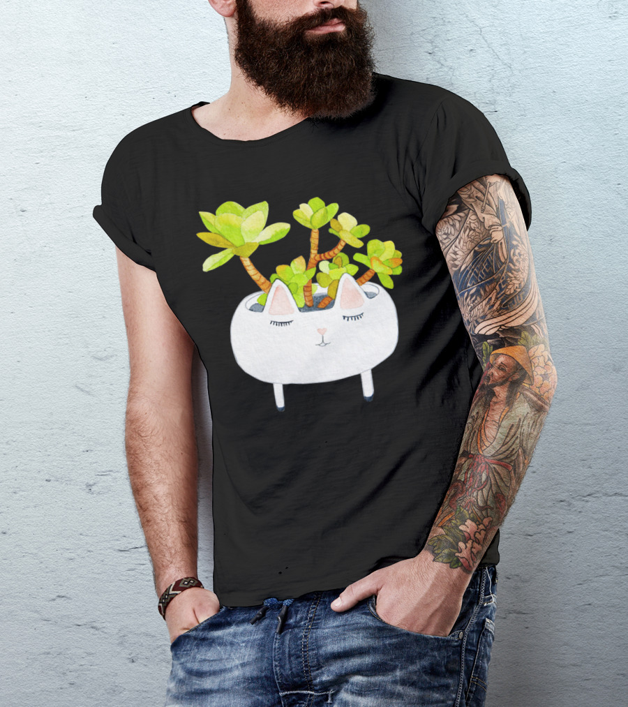 Kawaii Succulent Cat Planter With Green Leaves T-Shirt