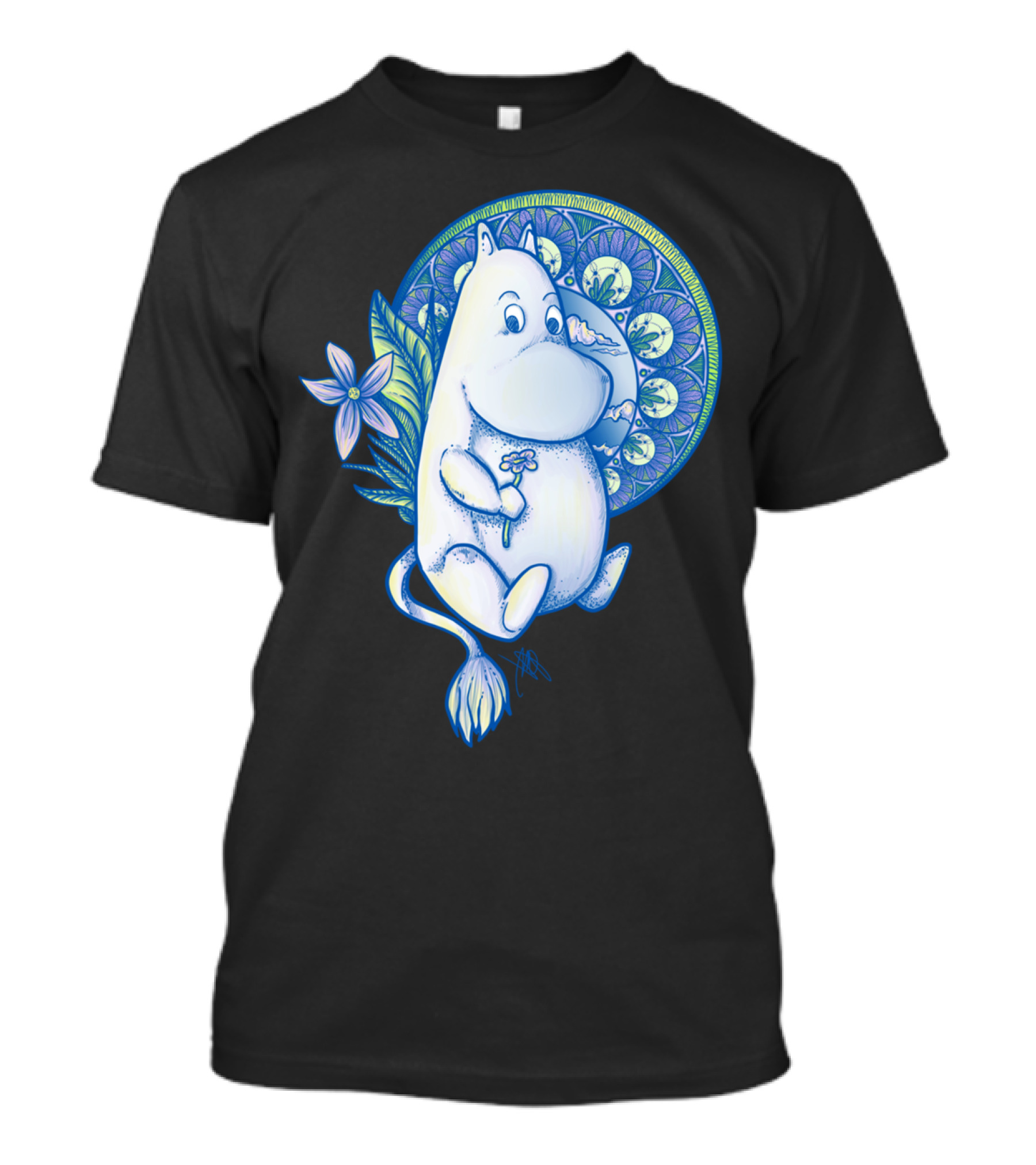 Moomintroll Character With Floral Elements And Decorative Circular Motif T-Shirt