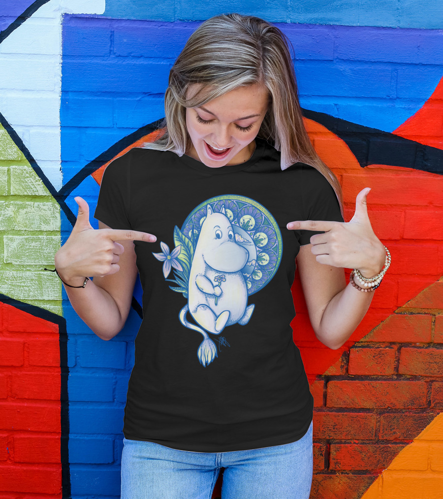 Moomintroll Character With Floral Elements And Decorative Circular Motif T-Shirt