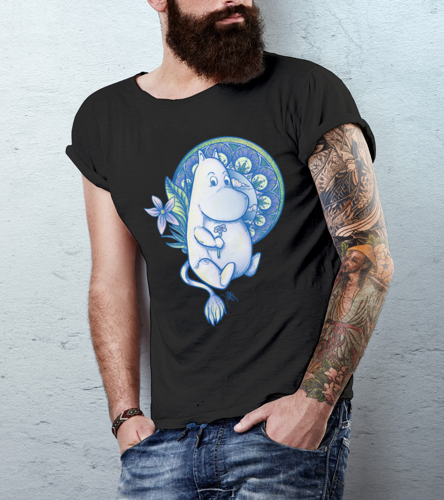 Moomintroll Character With Floral Elements And Decorative Circular Motif T-Shirt
