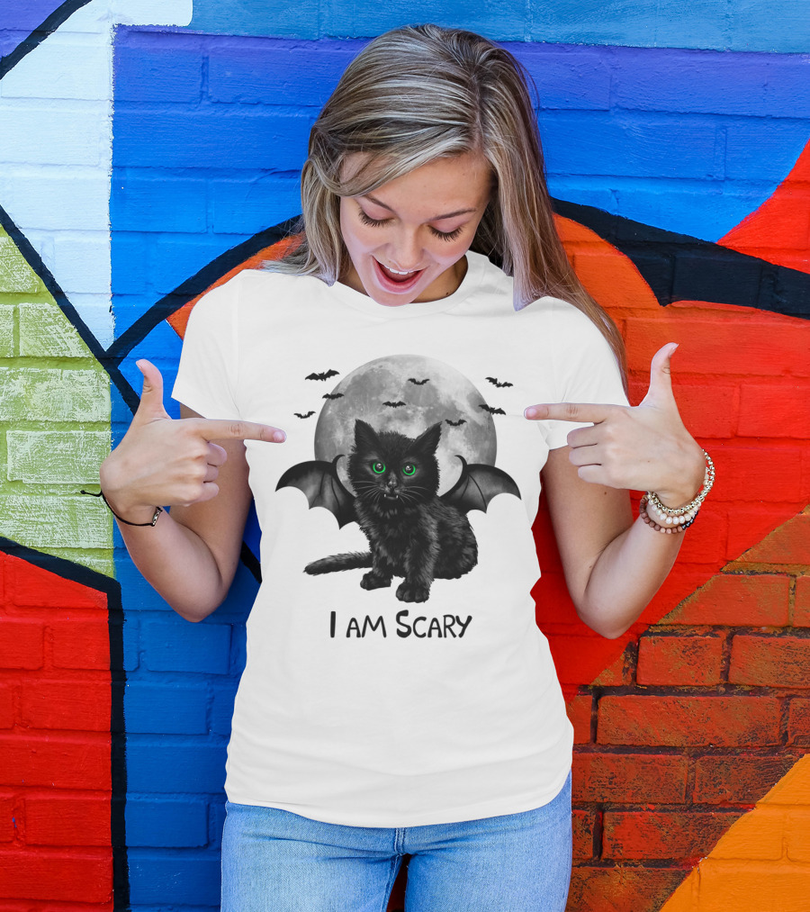 I Am Scary Bat Winged Cat With Moon And Bats T-Shirt