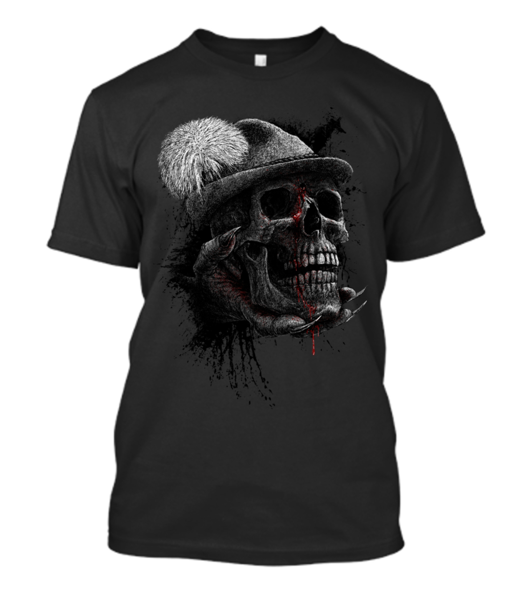 HUNTERS WILL BE HUNTED Skull In Hat With Fur Pom And Claw Marks T-Shirt