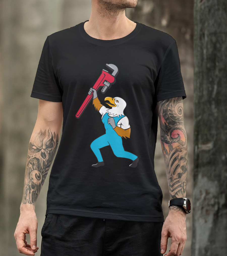 Plumber Eagle Holding Pipe Wrench Cartoon T-Shirt