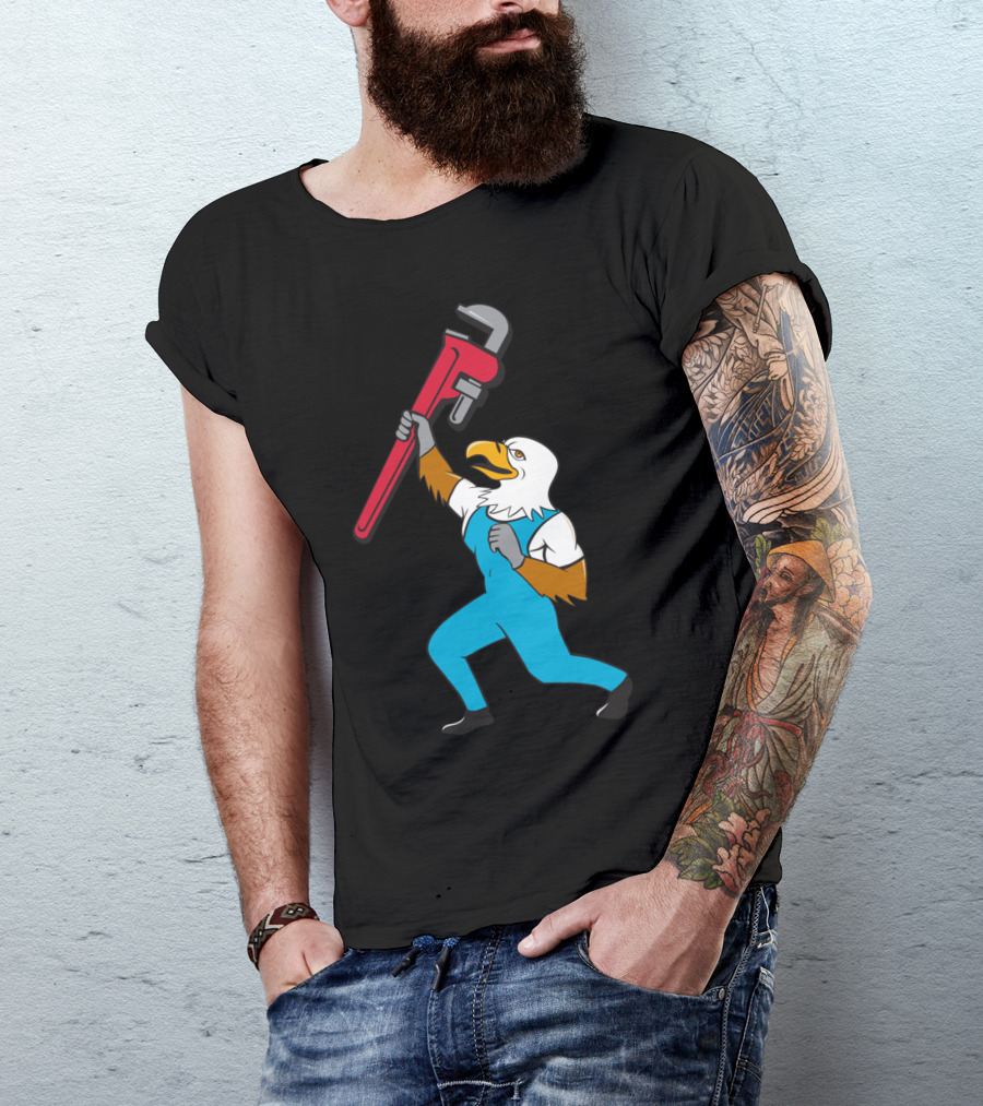 Plumber Eagle Holding Pipe Wrench Cartoon T-Shirt
