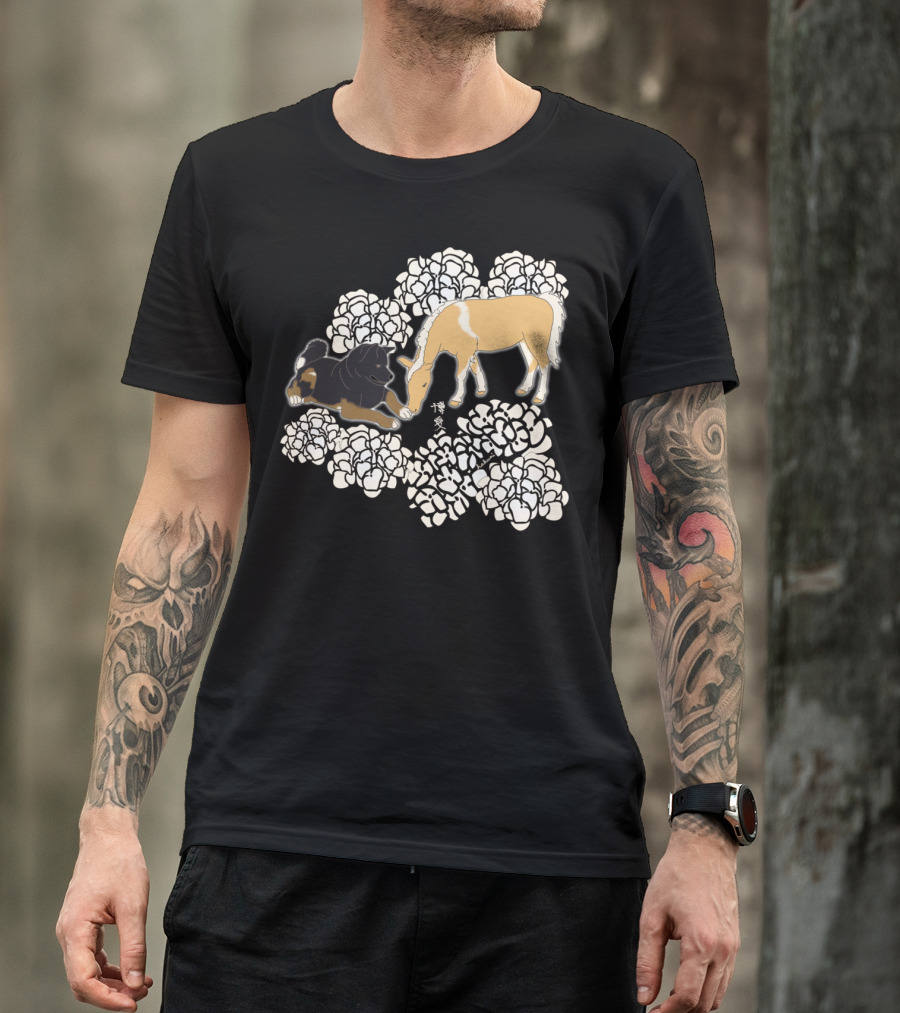 Therapy Friends Dog And Horse With White Flowers T-Shirt