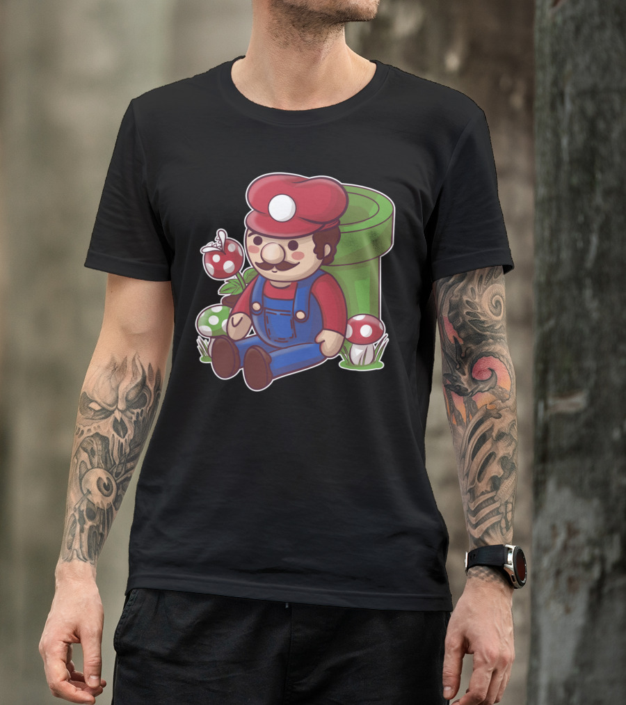 Plumber Toy Character Sitting With Mushrooms And Pipe T-Shirt