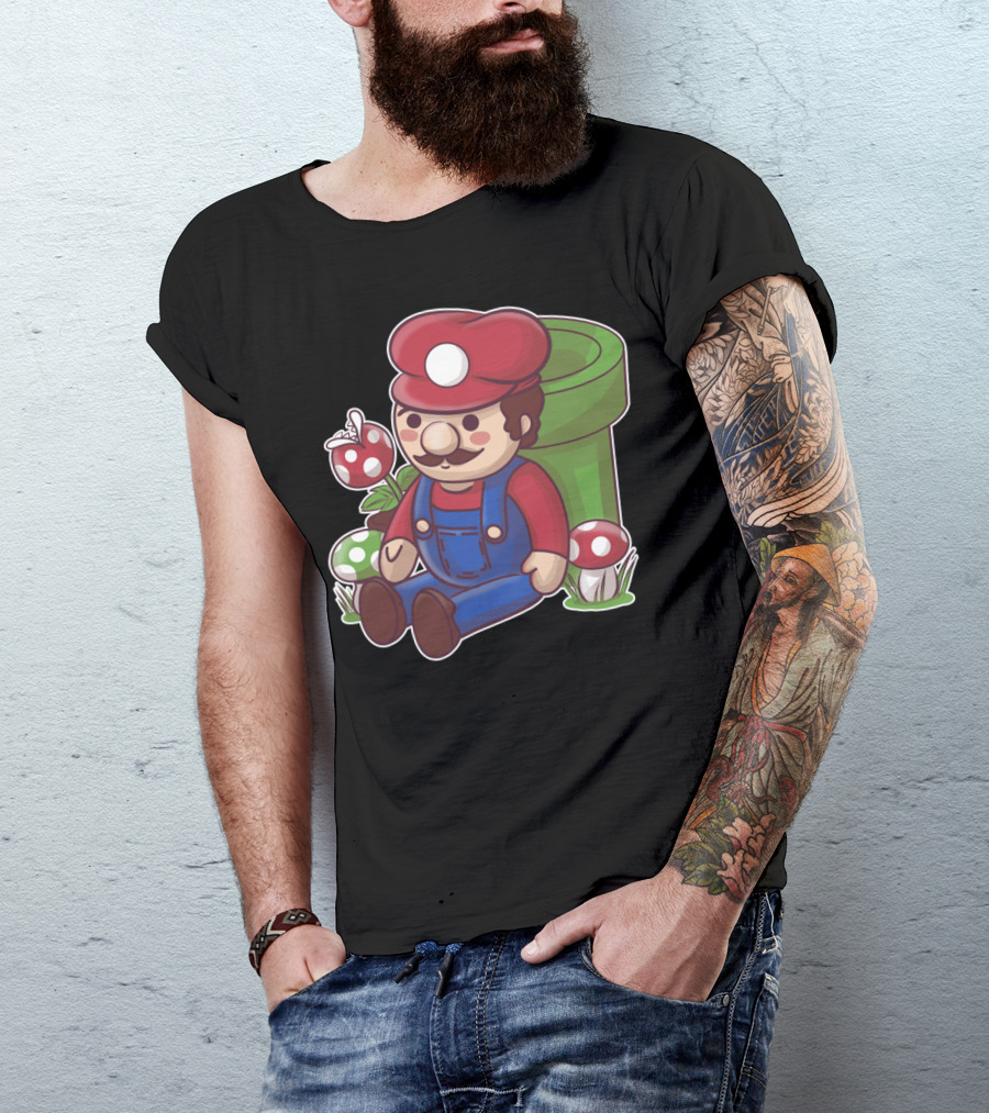 Plumber Toy Character Sitting With Mushrooms And Pipe T-Shirt