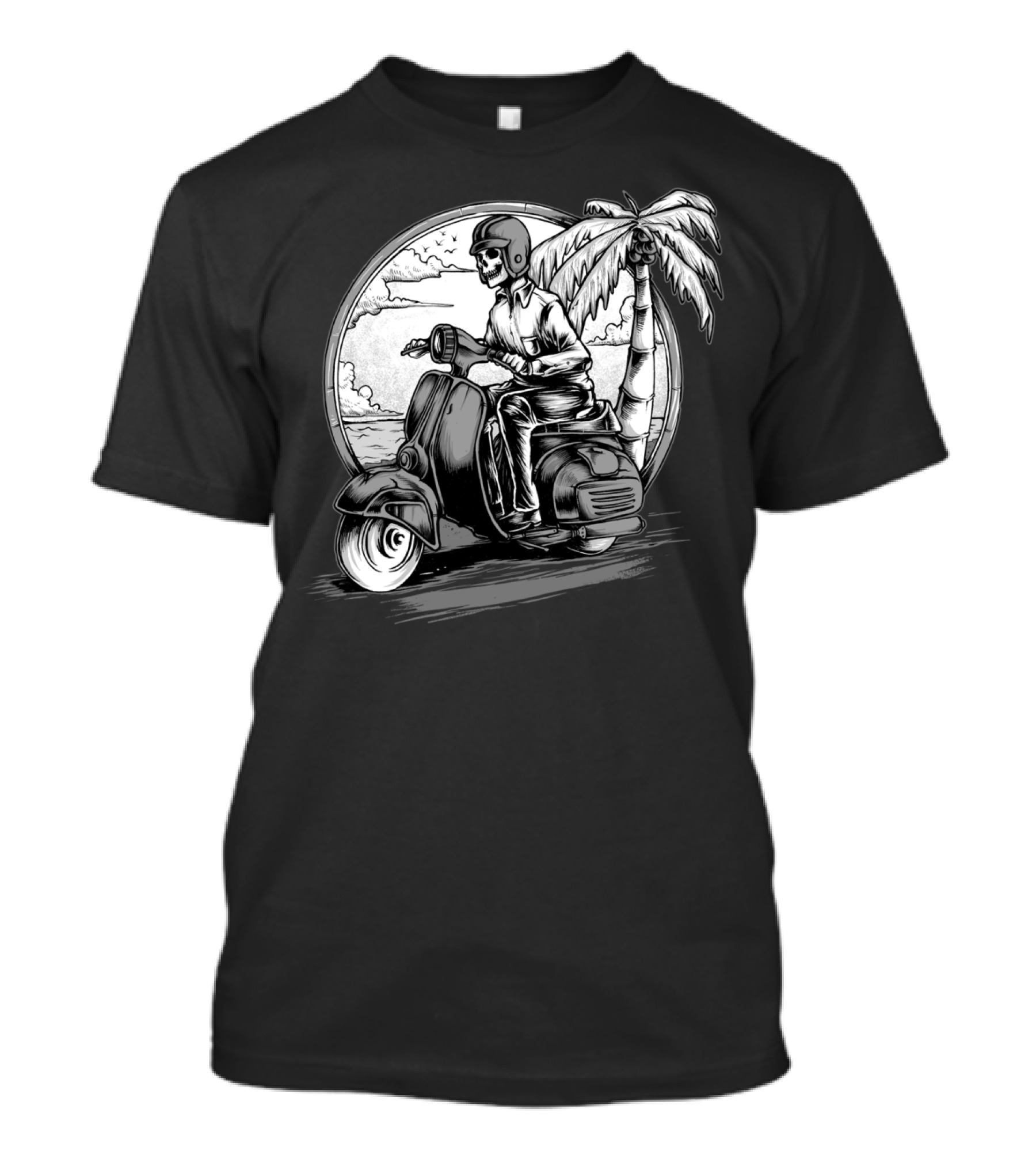 Keep Going Skull Rider Motorcycle Palm Tree Ocean Scene T-Shirt