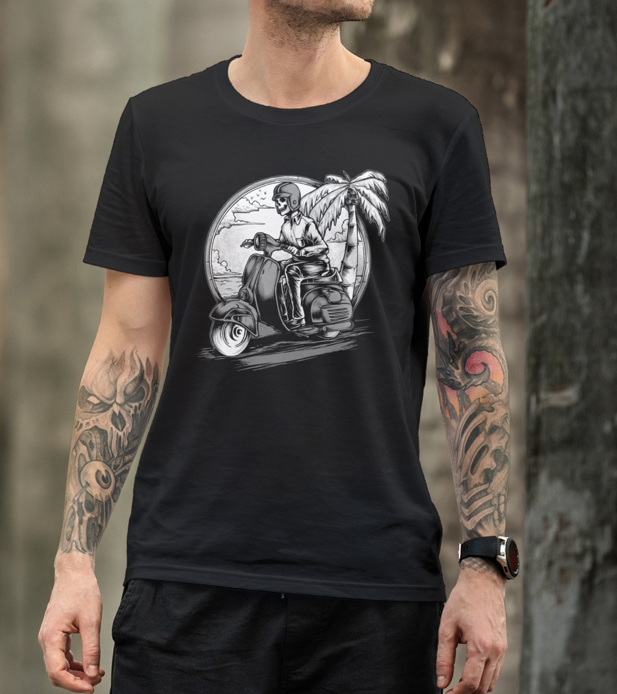 Keep Going Skull Rider Motorcycle Palm Tree Ocean Scene T-Shirt